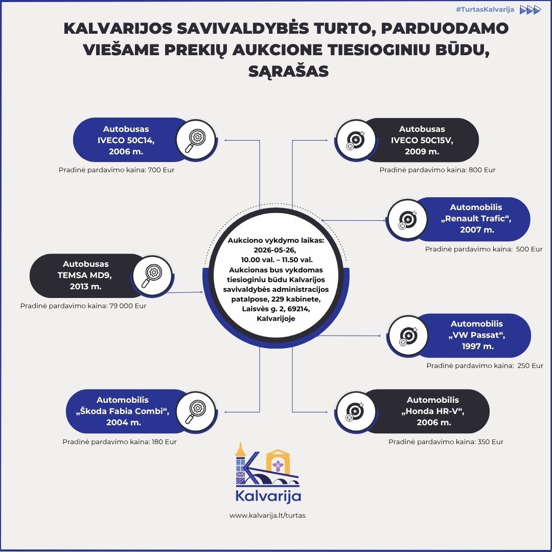 Kalvarijos savivaldybė viešame aukcione parduoda automobilius: kaip vyks tiesioginis prekių aukcionas