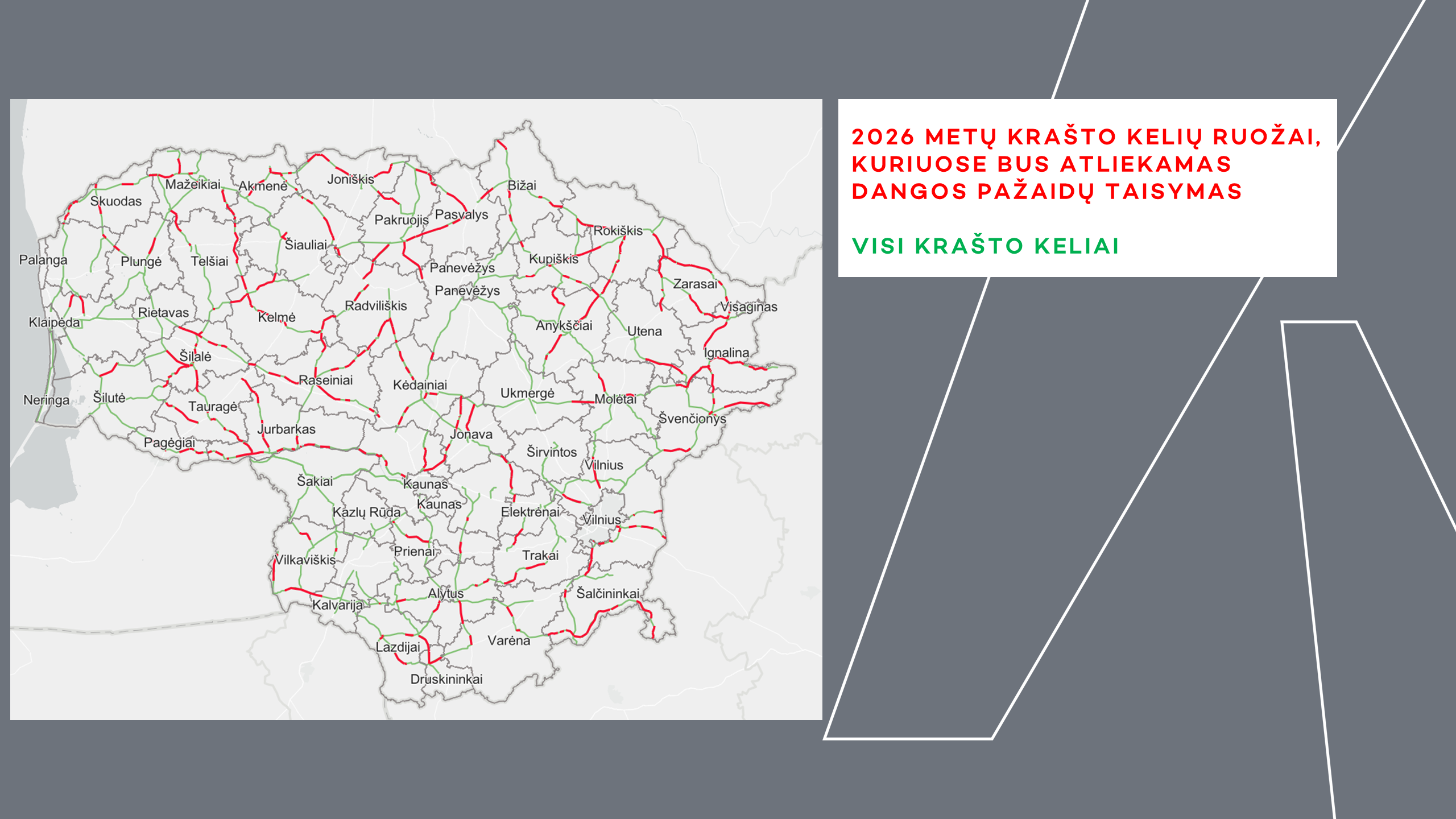 „Kelių priežiūra“ paskelbė dešiniojo rato darbų žemėlapį: kuriuose keliuose šiemet vyks remontas