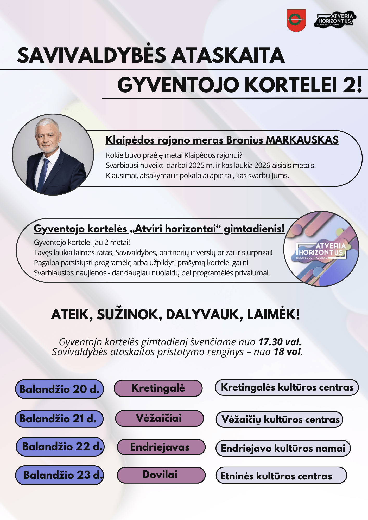 Klaipėdos rajono savivaldybė kviečia į ataskaitos pristatymus seniūnijose ir Gyventojo kortelės gimtadienį