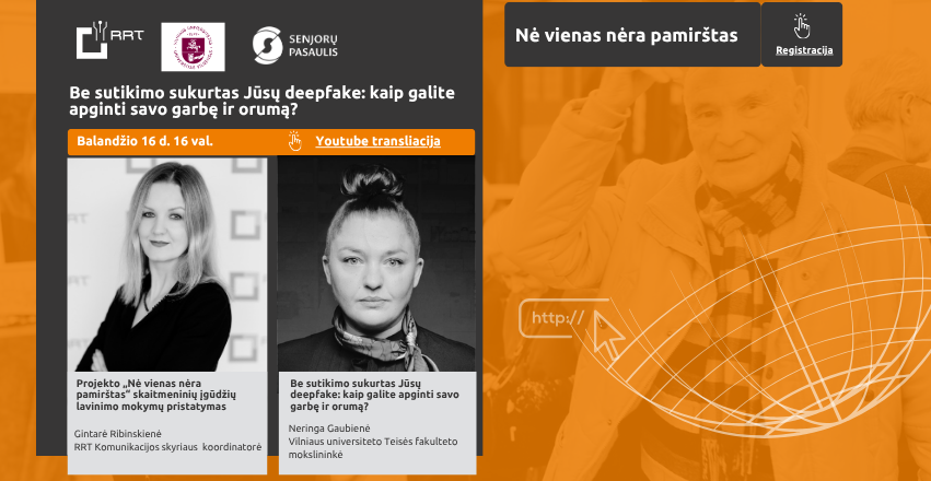 „Ryšių reguliavimo tarnyba“ kviečia į nemokamą paskaitą: deepfake be sutikimo – ką daryti?