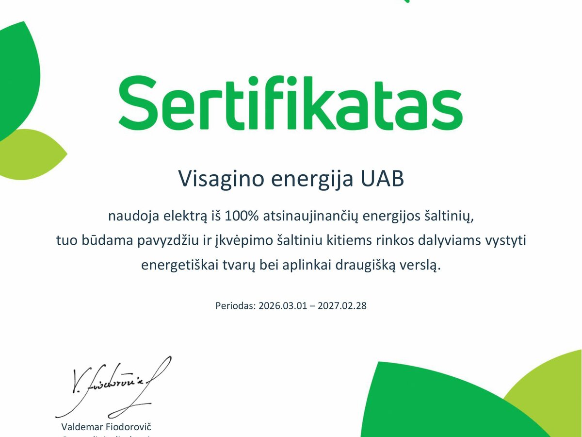 Visagino energija padarė aiškų pasirinkimą: 100 proc. žalia elektra ir sertifikatas rankose