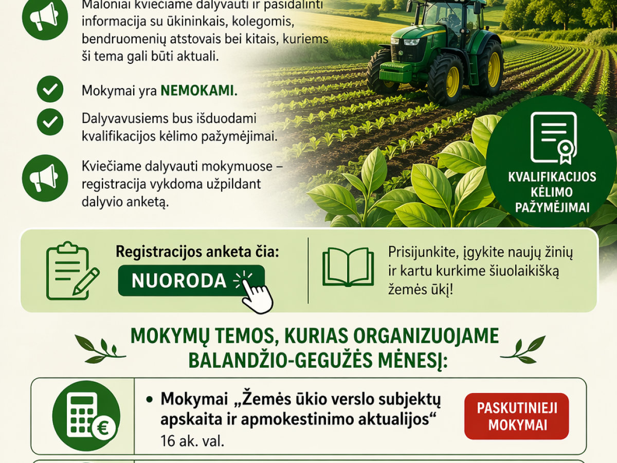 VDU Žemės ūkio akademija kviečia į nemokamus mokymus: apskaita, mokesčiai ir ūkio rinkodara