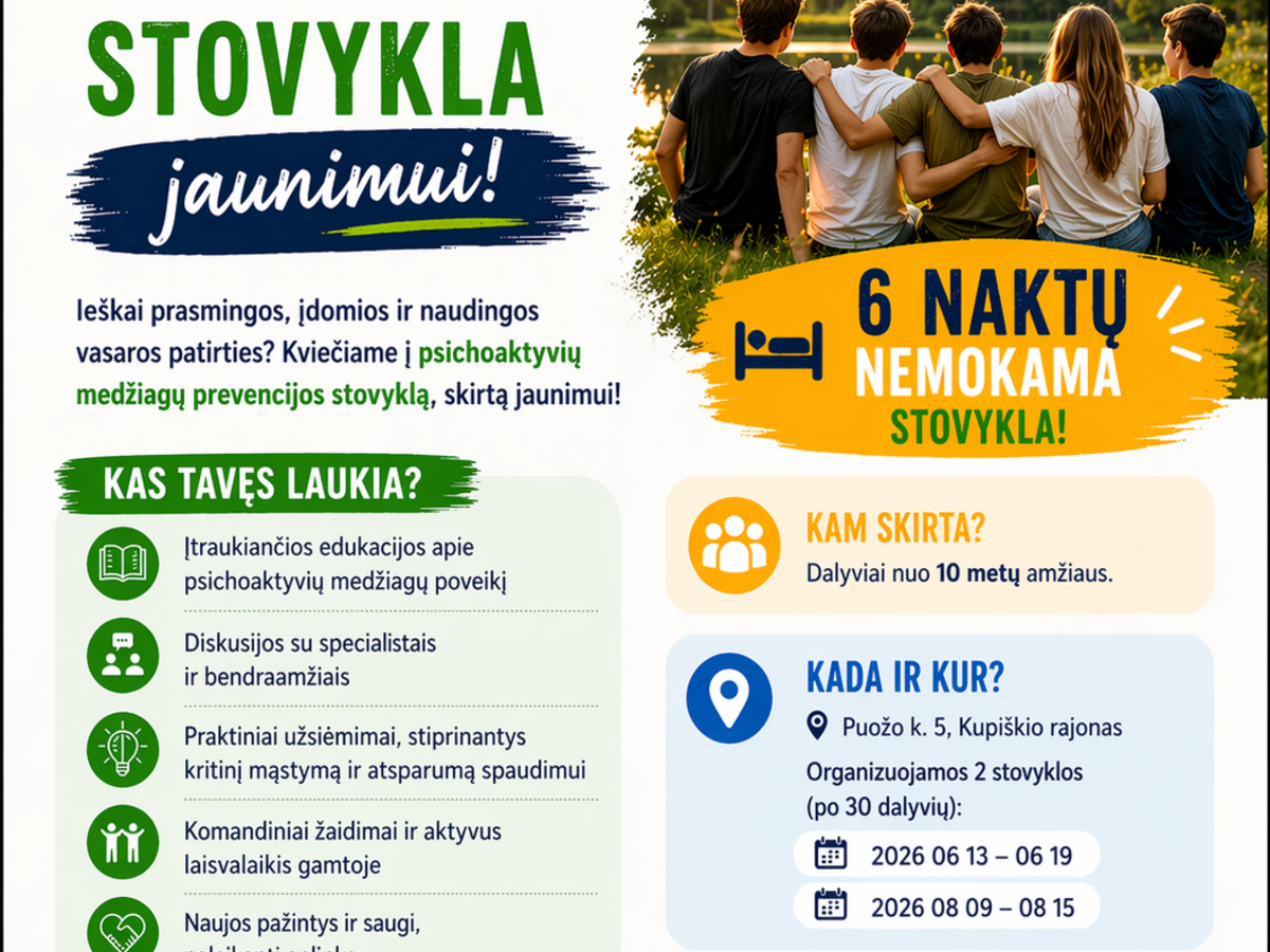 Nemokama prevencinė stovykla Kupiškio rajone: 7 dienos jaunimui apie priklausomybių rizikas