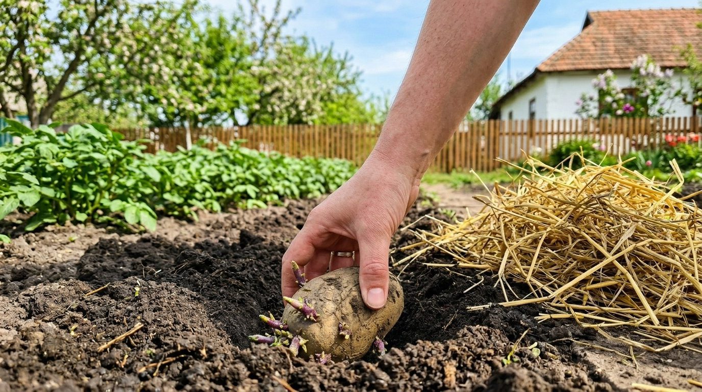 Bulves sodina nebekasdamas: uždengia storu šieno sluoksniu ir iš krūmo renka po 2 kibirus