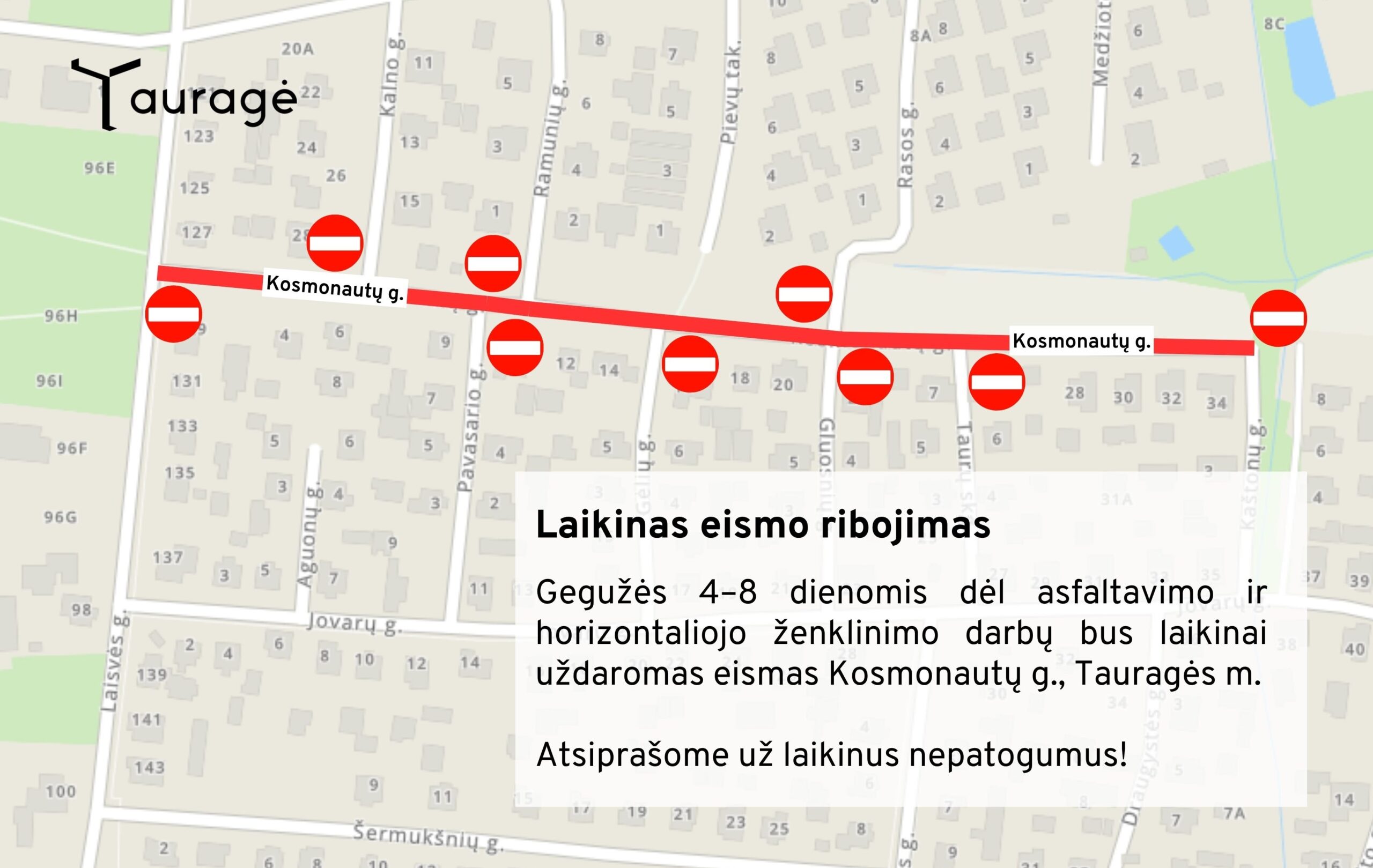 Tauragėje gegužės 4–8 dienomis uždaroma Kosmonautų gatvė: kada vyks darbai ir kur važiuoti