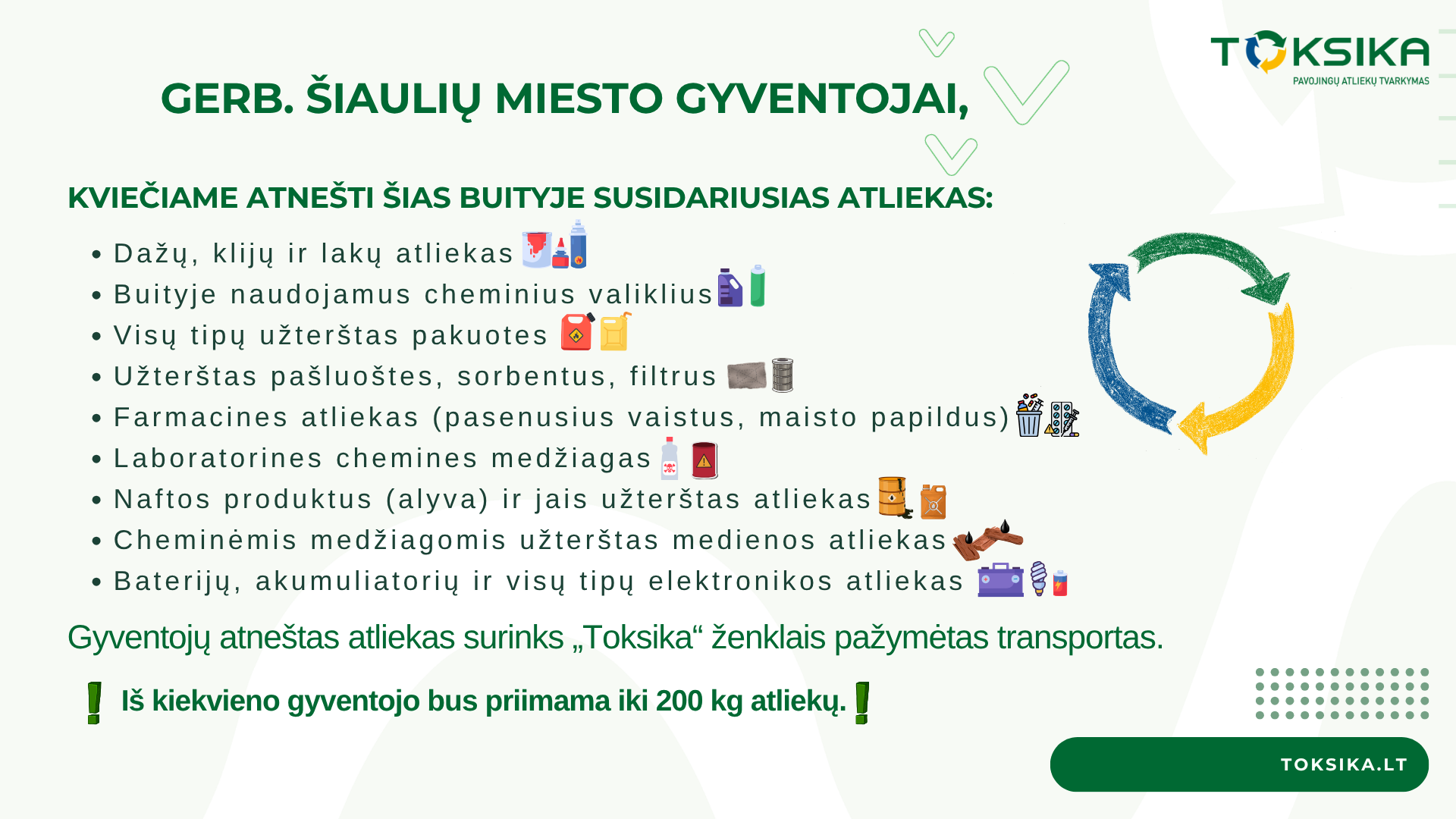Šiauliuose gegužę bus renkamos pavojingos atliekos: štai kur ir kada lauks „Toksika“ ekipažas