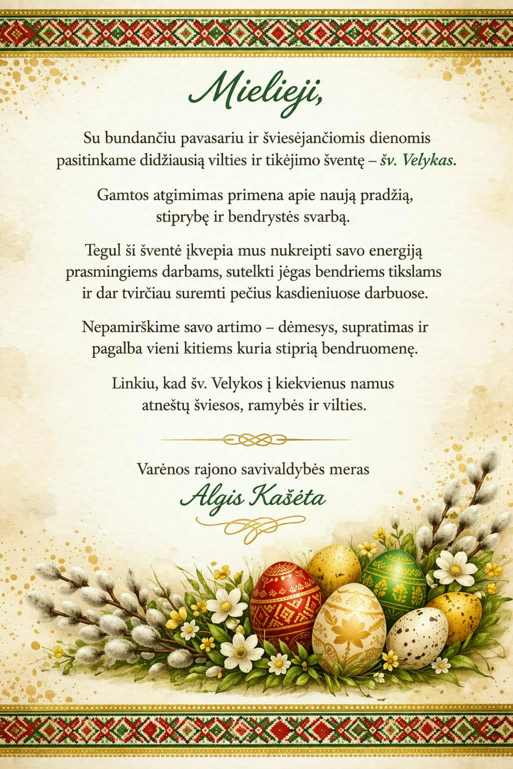 Netikėtas Varėnos rajono mero Velykų sveikinimas: žinia, kurią verta perskaityti visiems