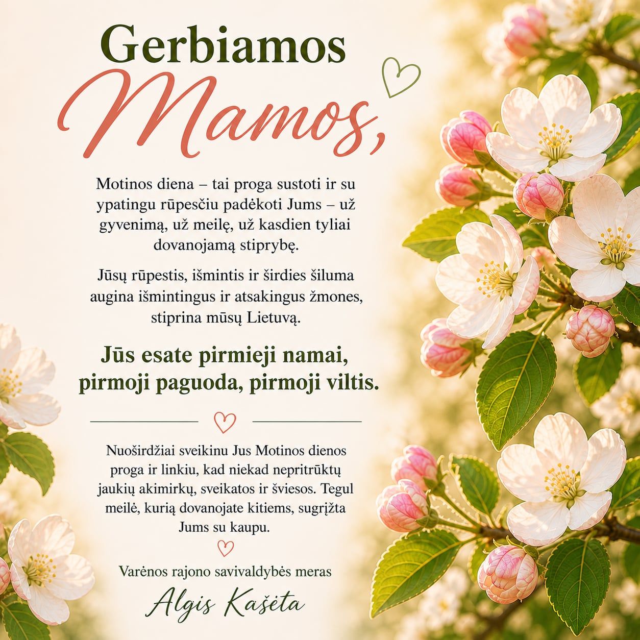 Motinos diena Varėnoje: meras Algis Kašėta siunčia sveikinimą ir primena bendrystės svarbą