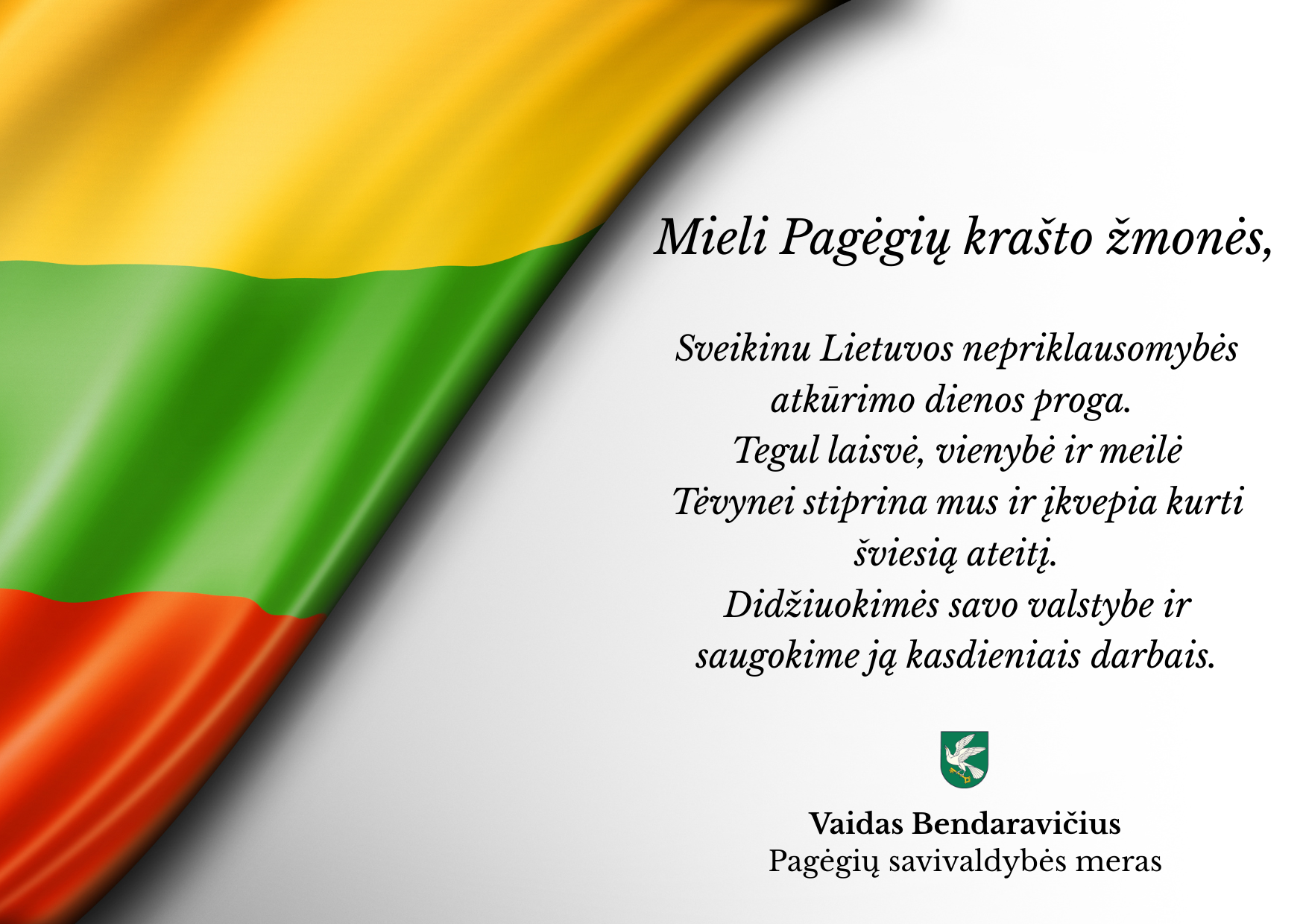 Pagėgių savivaldybės mero sveikinimas: kokie darbai ir prioritetai numatomi šiemet bendruomenei