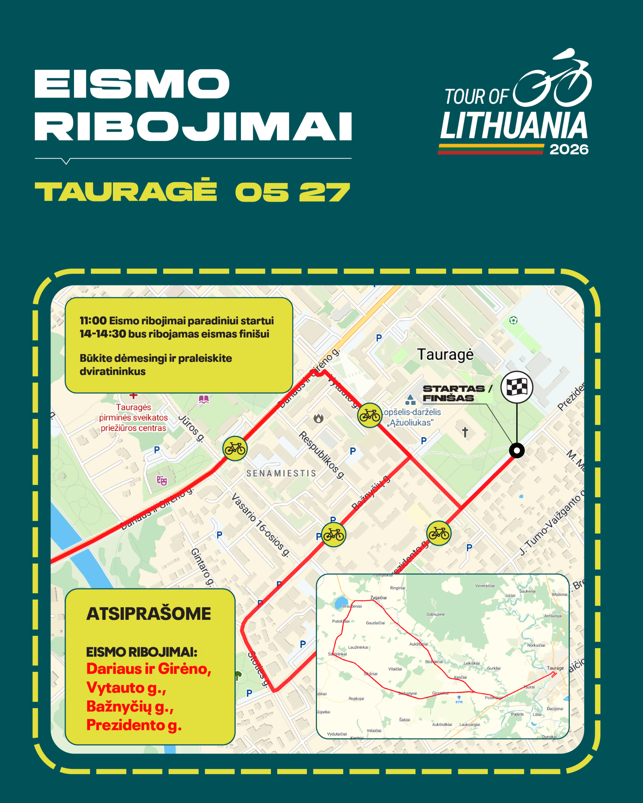 Tour of Lithuania 2026 startas Tauragėje: gegužės 27 dieną numatomi laikini eismo ribojimai