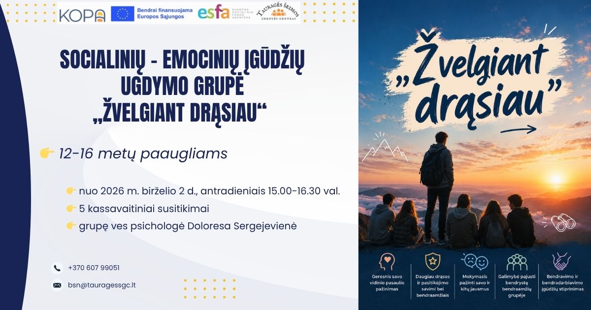 Nemokama grupė paaugliams Tauragėje: „Žvelgiant drąsiau“ mokys emocijų ir bendravimo įgūdžių