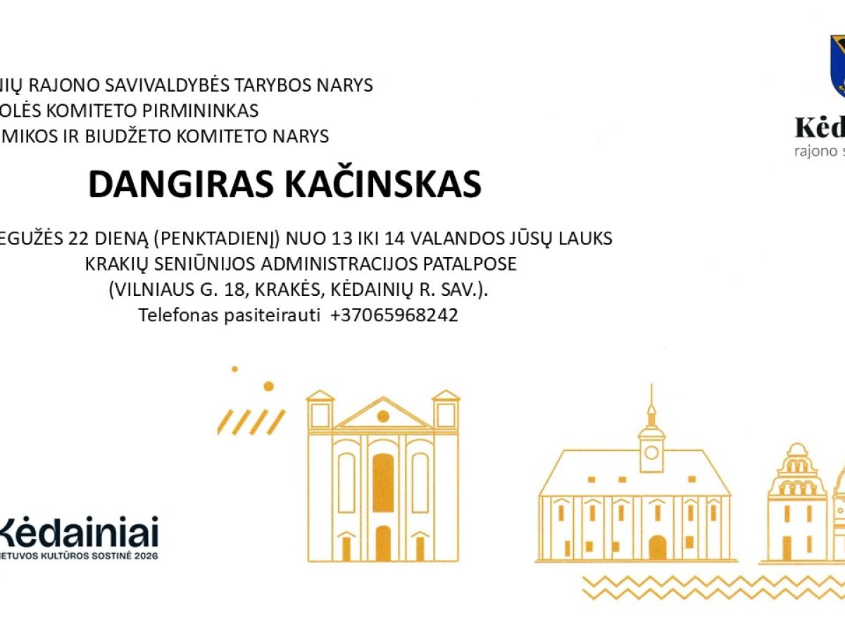 Krakių seniūnijoje gyventojus priims tarybos narys Dangiras Kačinskas: kada ir kur atvykti