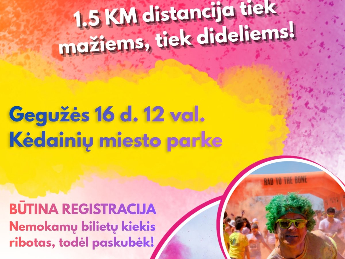Spalvotas bėgimas Kėdainiuose: nemokamas 1,5 km startas šeimoms jau gegužės 16 dieną