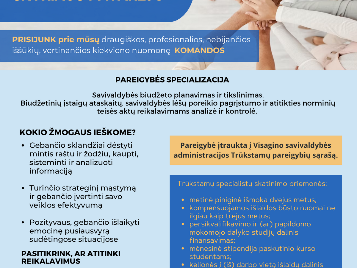 Finansų ir biudžeto skyriaus patarėjo paieška: numatytos išmokos ir būsto nuomos kompensacija