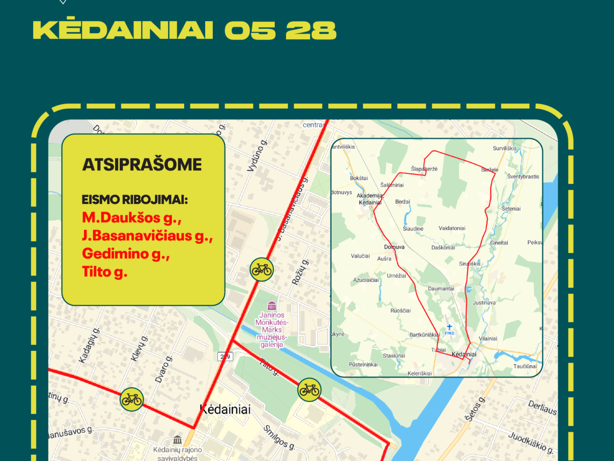 Gegužės 28 dieną Kėdainiuose dviratininkai keturis kartus kirs centrą: kur numatomi eismo ribojimai
