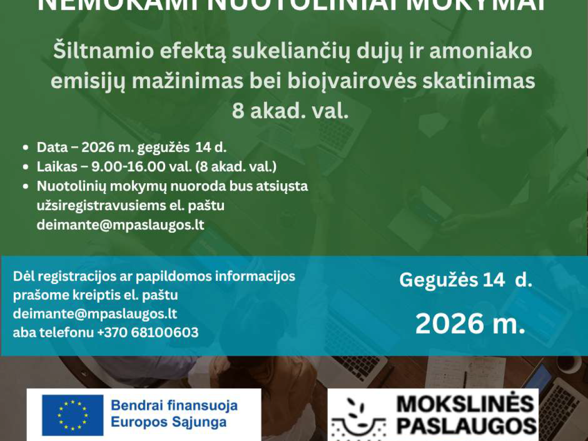 Nemokami nuotoliniai mokymai ūkiams: kaip mažinti ŠESD ir amoniako emisijas bei stiprinti bioįvairovę
