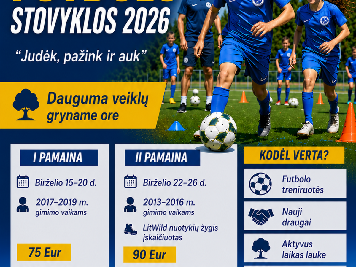 Vaikų futbolo dienos stovyklos Visagine 2026: dvi pamainos, kainos ir registracijos terminas