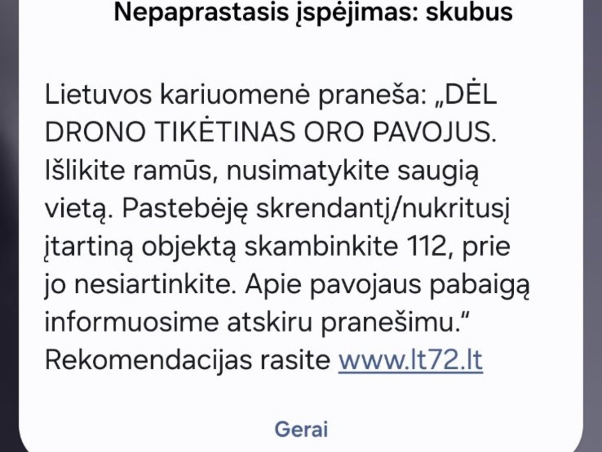 Utenos apskrityje oro atakos perspėjimas keičiamas į geltoną: radarai objektų nefiksuoja