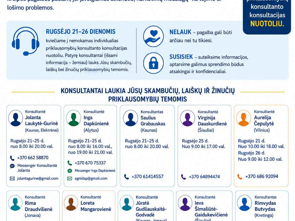 Nemokamos priklausomybių konsultacijos visoje Lietuvoje: kur kreiptis ir kaip padeda specialistai